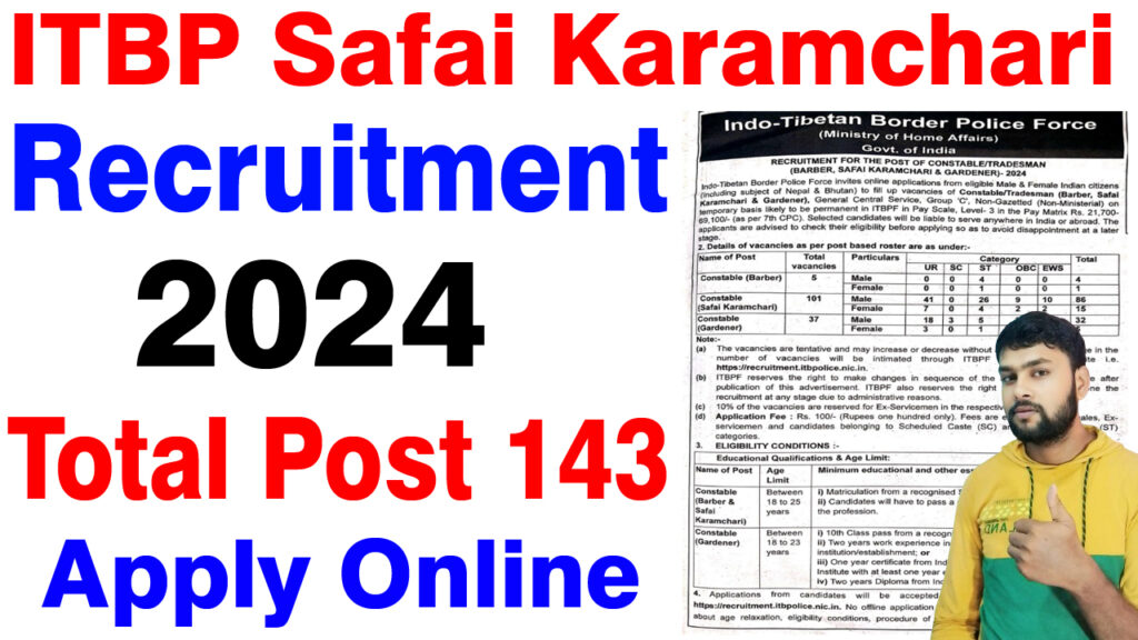 ITBP Safai Karamchari Recruitment 2024 / आइटीबीपी सफाई कर्मचारी 10वीं पास के लिए